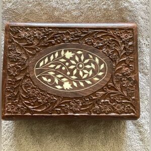 Vintage Hand-Carved Floral Wood Trinket/Jewelry Box Bone Inlay—Made in India